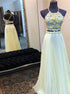 A Line Two Piece Halter Floral Criss Cross Appliques Chiffon Prom Dress LBQ3146